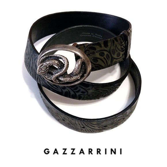 Gazzarrini Snake Buckle Green Black Embossed Leather S 50/90 Belt - Picture 1 of 10